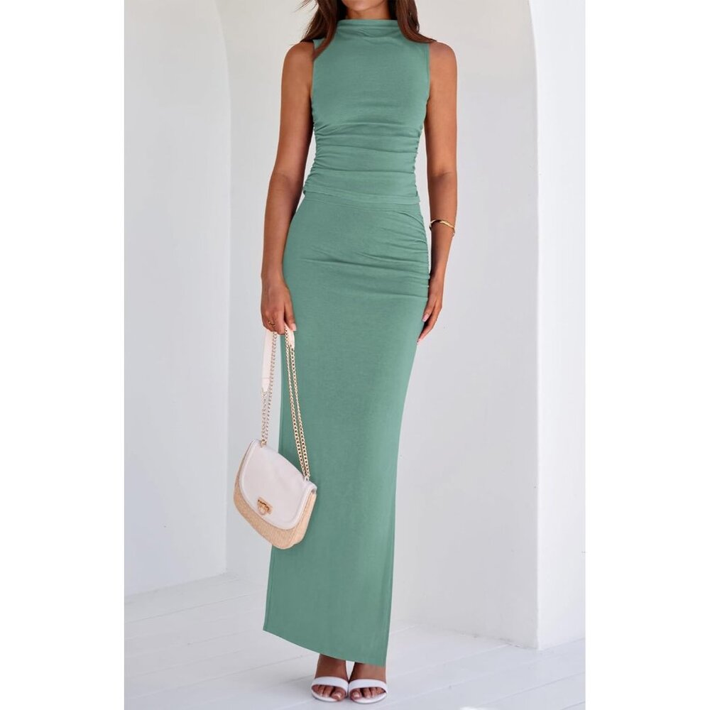 Women Fruit Green Two Piece Sets Going Mock Neck Sleeveless Knit Tops Maxi Skirt - Picture 2 of 6